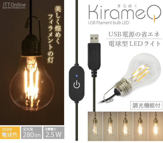 フィラメント式 USB LED電球 ライト KirameQ