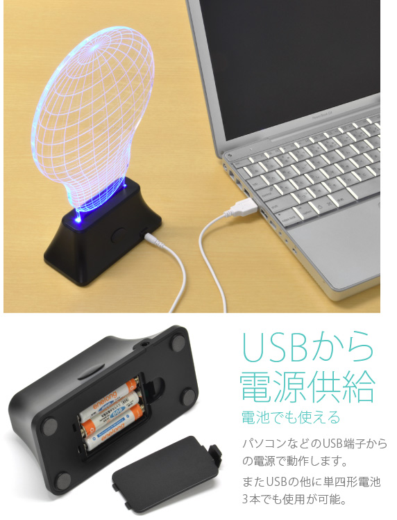 USBから電源供給　電池でも使える　トリック 3Dワイヤーフレーム LEDライト USB